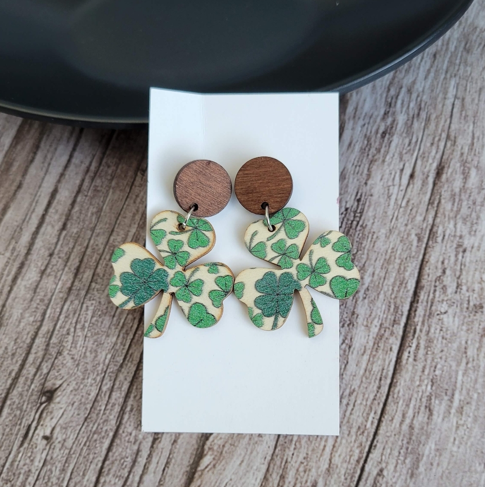 St Patrick's Day Shamrock Clover Leaf Wooden Earrings